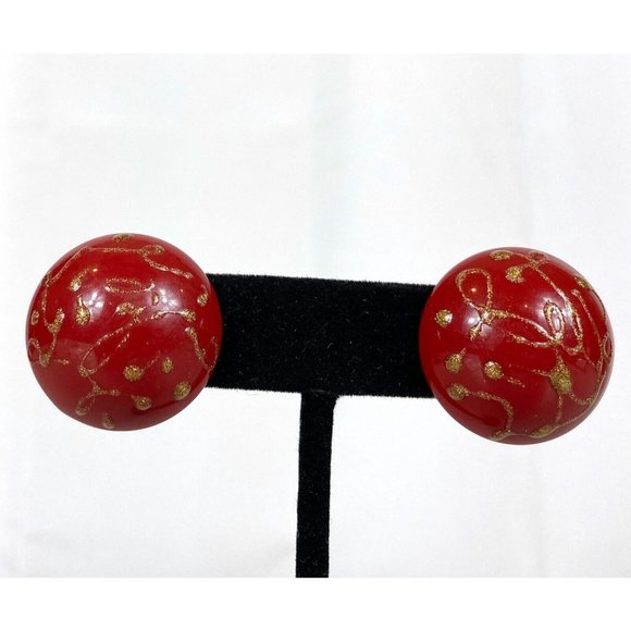 Domed Button Pierced Earrings Gold Glitter Paint Pushback Closure - Picture 2 of 5